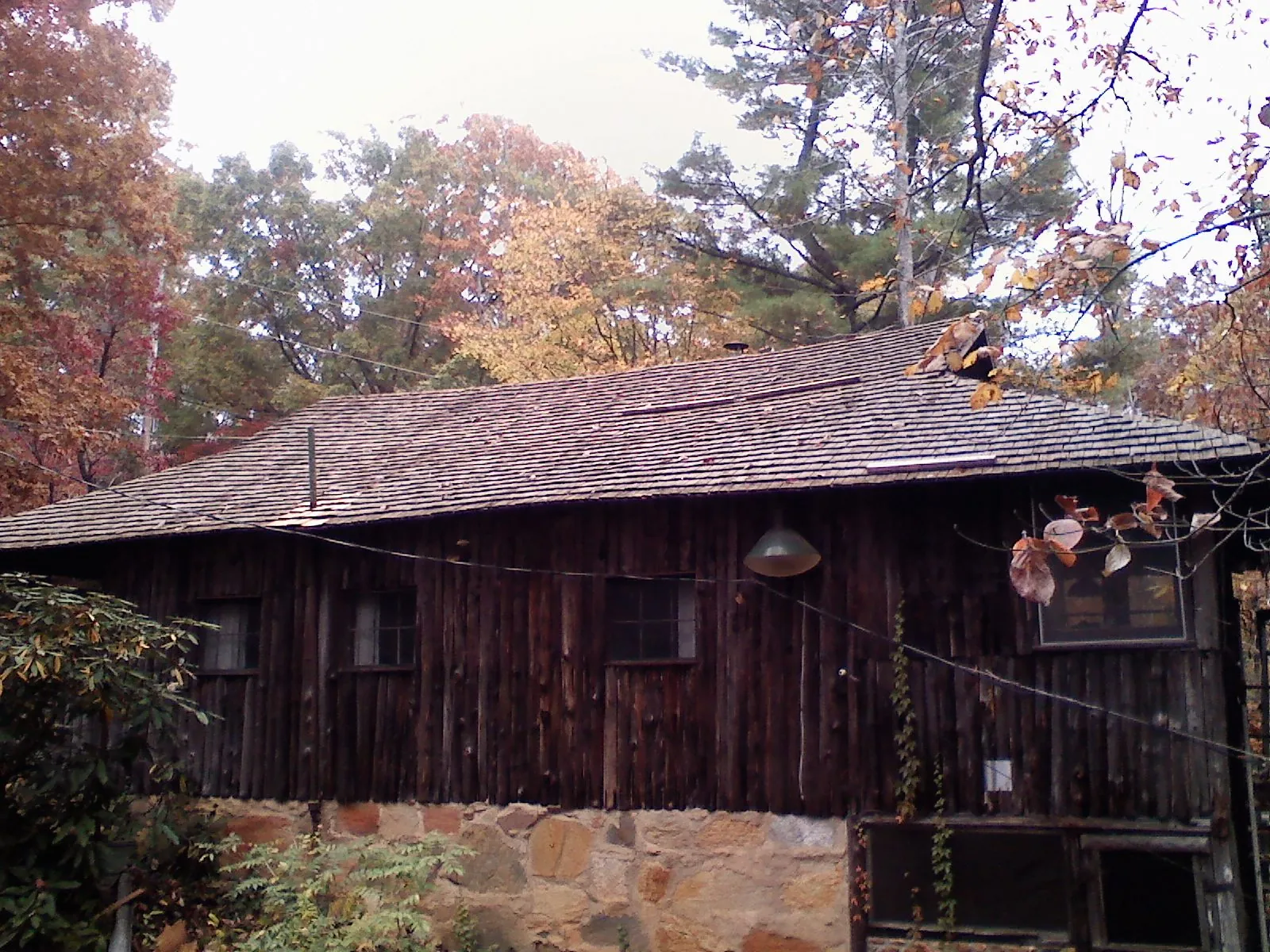 Weathered wood shake roof on a rustic board sided cabin in Jefferson